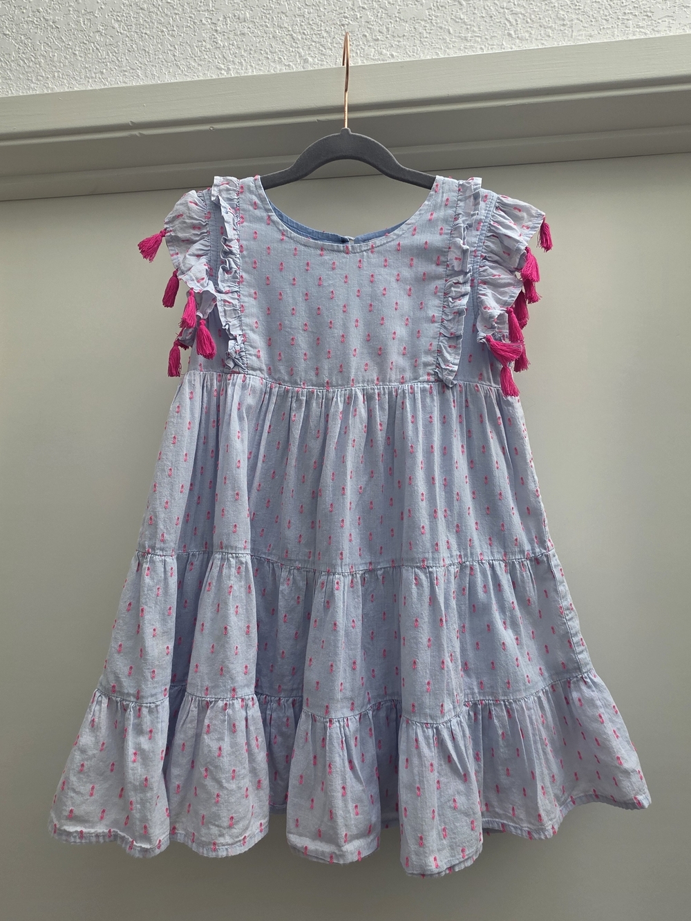 Mer St. Barth Sophie Dress Girls Size 6 Blue Block Print Tassel Flutter Boho